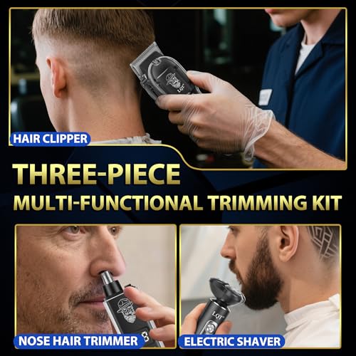 Hair Clippers for Men with LED Power Display, 3-Piece Professional Grooming Kit with Magnetic Attachment Shaver & Nose Trimmer, Complete Cordless Rechargeable Barber Set for Home (Black)