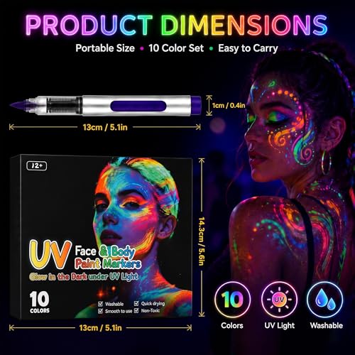 10 Color UV Neon Body Markers - Face & Body Paint for Festivals & Halloween - Variation 01