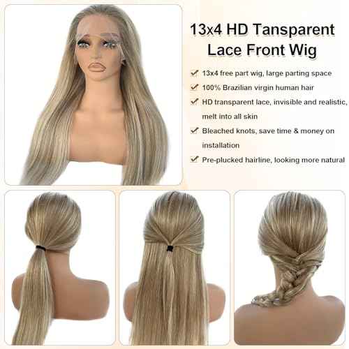 Highlight Lace Front Wig Human Hair 180% Density 13x4 HD Lace Frontal Wigs Pre Plucked with Baby Hair 24 Inch Colored Ash Brown to Beige Blonde to Platinum Blonde Brazilian Human Hair Glueless Wigs