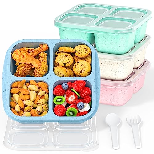 RGNEIN Bento Snack Boxes (4 Pack)- Reusable 4-Compartment Meal Prep Containers for Kids and Adults, Perfect Food Storage School, Compact Stackable (Wheat(Green/Blue/PK/Beige))