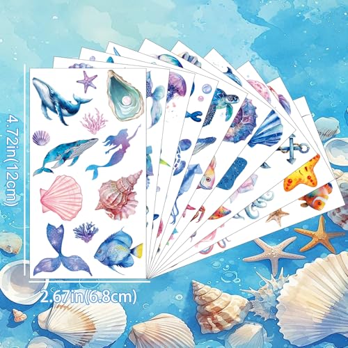 96 Ocean Animals Temporary Tattoos for Kids, 10 Sheets Sea Life Stickers