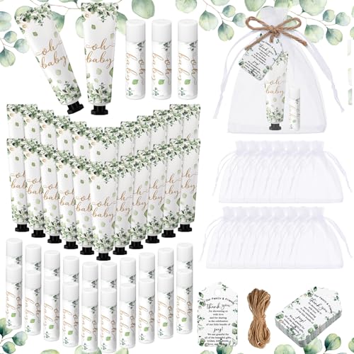48 Sets 192 Pcs Baby Shower Gifts for Guests Sage Green Oh Baby Shower Games Prizes Greenery Eucalyptus Party Gifts Bulk 48 Hand Cream and 48 Lip Balm Bridal Wedding Party Favors Travel Size