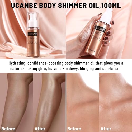 UCANBE Body Shimmer Oil 100ml, Moisturizing Body Glow Glitter Oil, Waterproof Shimmering Luminizer Liquid Illuminator Highlighter, Tinted Shimmer Lotion Glowing Bronzer Makeup(Rose Gold)