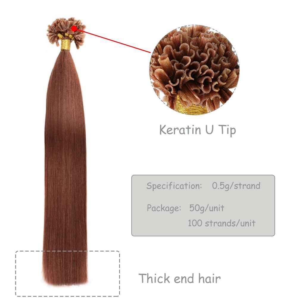 Saisifen Curlable U-tip Human Hair Extensions 33# Copper Brown Keratin Nail Tip Hair Extension 100 Strands 0.5g/strands Straight Brazilian Remy Hair 16 Inch (40cm)