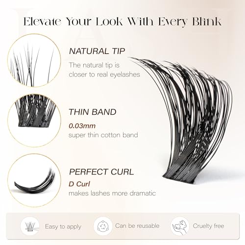 BEFER D Curl Eyelash Clusters, 216 Pcs, 10-16mm Reusable