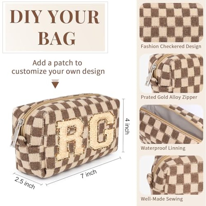 Brown Checkered Makeup Bag 7x4 - Set of 6 Cosmetic Organizers