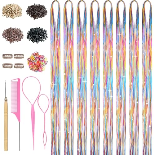 Rainbow Hair Tinsel Kit, 48" Fairy Hair Extensions with Tools