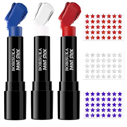 Patriotic Red White Blue Face Paint Stick Set with Glitter Stickers