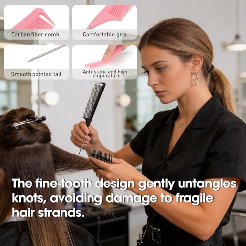 Salon-Style Rat Tail Combs Set - Steel Pin Teasing & Parting Combs for Hair Styling - Purple, Black, Pink