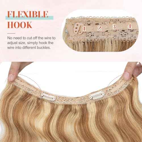 Benehair Halo Hair Extensions Real Human Hair, Blonde Halo Hair Extension 100% Human Hair, Wavy Halo Extensions Human Hair, Wire Hair Extension, Golden Brown&Bleach Blonde 55g/12inch