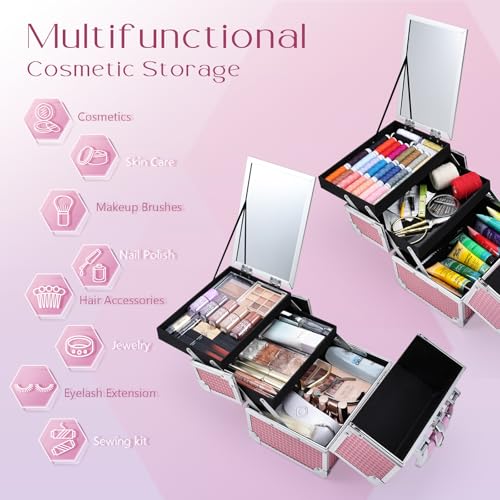 Joligrace Makeup Train Case with Mirror - Mermaid Pink