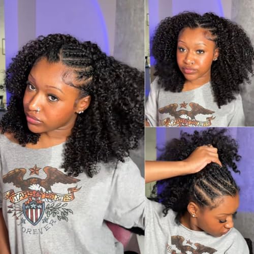 Kinky Curly Half Wig Human Hair 3-in-1 Drawstring Seamless Flip Over Glueless Wig for Black Women 16 Inch