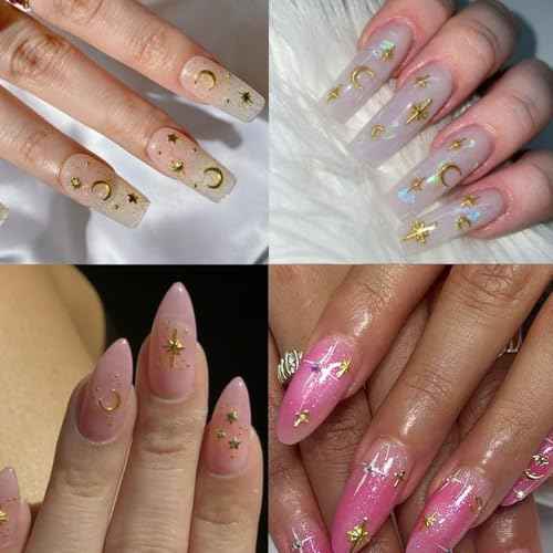 400pcs Gold Silver Star Nail Charms - 3D Star Nail Jewelry Rhinestones Supplies Accessories for Women Girls