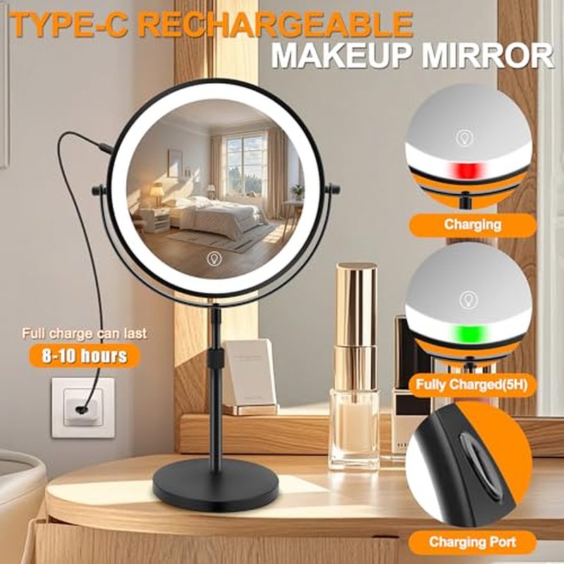 8.7" Large Lighted Makeup Mirror, 1X/10X Magnifying Mirror with 3 Color Dimmable Lights, Double Sided Vanity Mirror, Height Adjustable, 360¡Æ Swivel Cosmetic Mirror for Women Girl(Black)