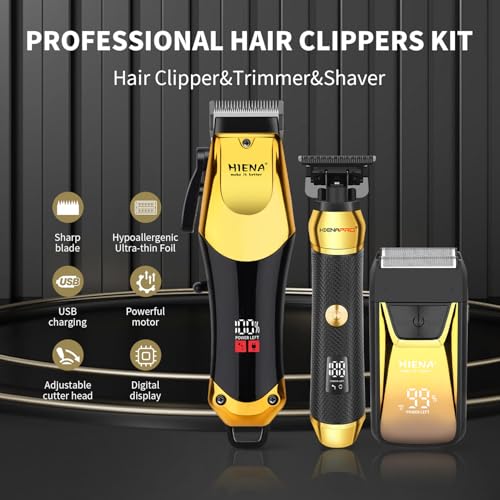 HIENA PRO Professional Cordless Hair Clippers for Men, T-Blade Beard Trimmer & Foil Shaver Set, Rechargeable Barber Clipper Kit and Hair Cutting Set, Facial Grooming Kit with LED Display