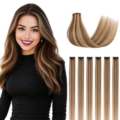 Clip in Hair Extensions Real Human Hair for Women, 14 Inch 36g 6pcs, Medium Brown Mix Dark Blonde, Straight - Highlight, Add Volume and Length for Daily Wear, Parties, Weddings