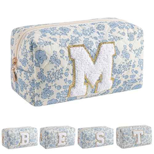 JOVAKIT Alphabet Makeup Bag Cosmetic Bag for Women, Christmas Gifts for Girls Age 6-18, Floral Flowers Coquette Travel Toiletry Zipper Make Up Pouch Organizer Trendy Stuff (Blue Floral M)
