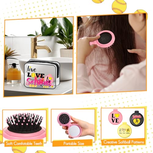 Meanplan 60 Pcs Softball Party Favors Softball Team Gifts for Players with 12 Set Bracelets Keychains Makeup Bag Mini Brush with Mirror Hair Scrunchies for Sport Party Supplies