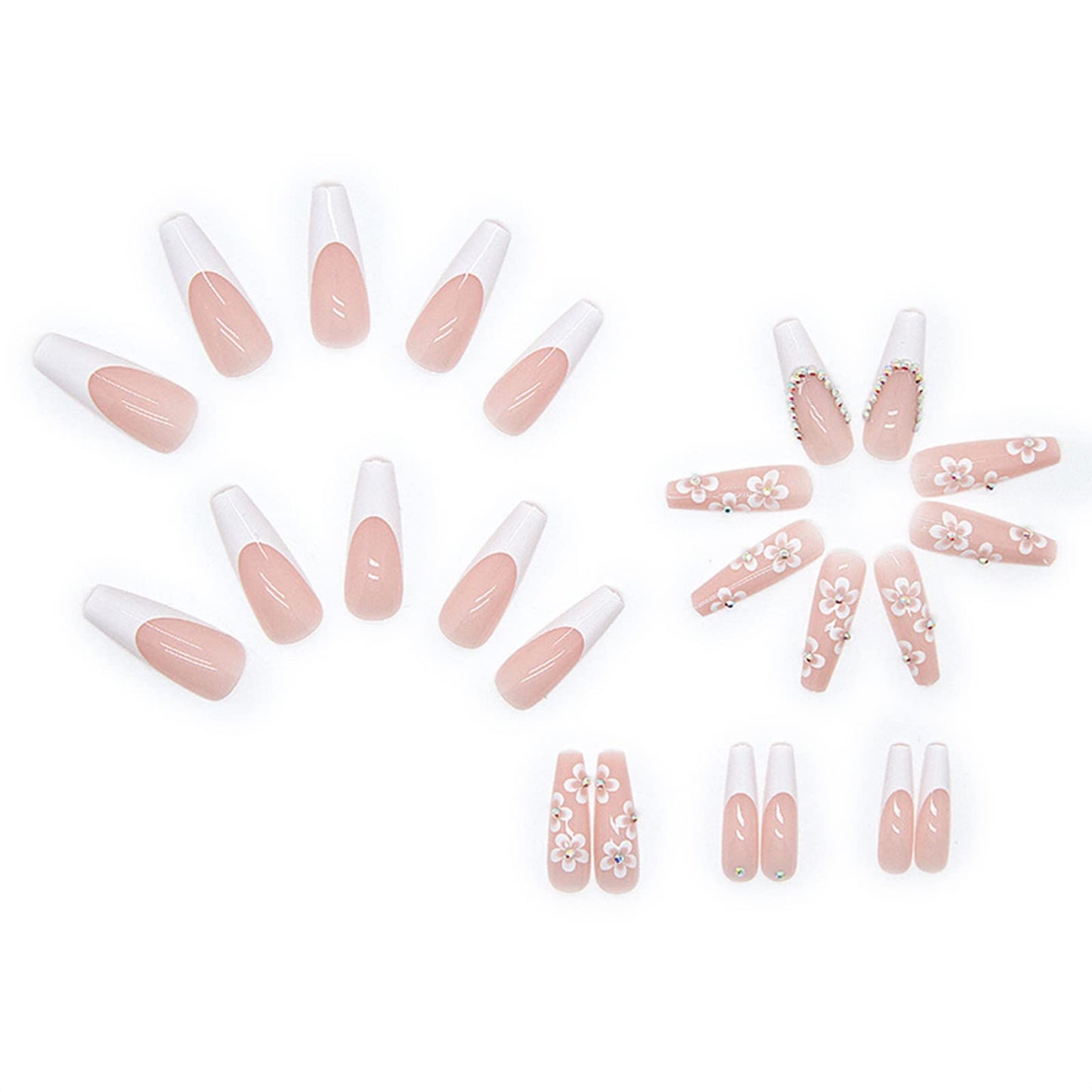 French Tip Press on Nails Long Coffin Fake Nails with Cute Flowers Design White Coffin Full Cover Stick on Nails Glossy False Nails with Glue on Nails for Women Girls Gems Acrylic Nails