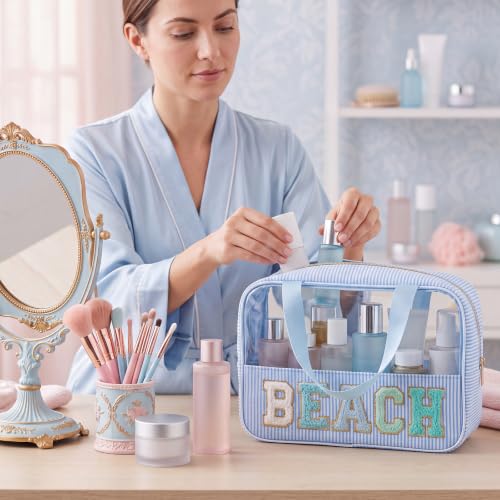 Sanwuta 3-Piece Seersucker Beach Bag Set with Clear Makeup Pouch
