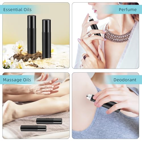 30PCS 10ml Matte Black Frosted Glass Essential Oil Roller Bottles with Stainless Steel Roller Ball,2 Opener,1 Plastic Pipettes,Refillable Container for Perfume Aromatherapy Deodorrant