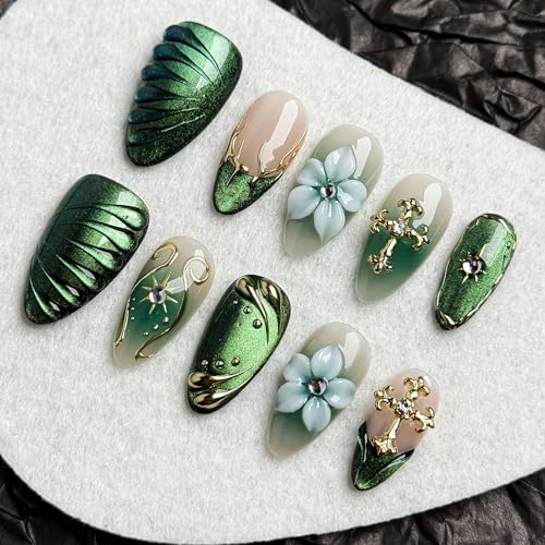 Green Leaf Fake Nails Press on Set, 10PCS with Floral Accents & Crystal Decorations, Includes Glue Tools Storage Box, Artistic Manicure Set for Special Events (green, S)