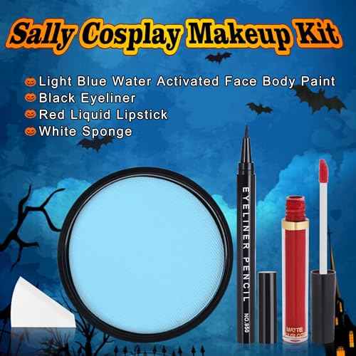 4 Pcs Sally Makeup Kit,Corpse Bride SFX Halloween Baby Blue ,Water Activated Face Paint Makeup Kit,Sally Face Costume Women Cosplay,Light Blue Body Paint+Eyeliner+Lipstick+Sponge