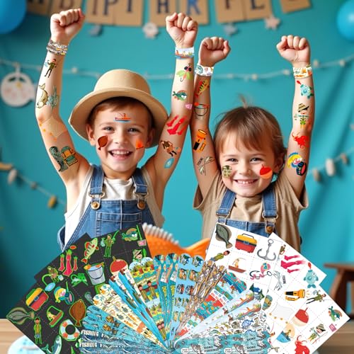 96 PCS Fishing Party Favors Set ? 72 Pre-Cut Temporary Tattoos & 24 Slap Bracelets for Kids, Perfect for Outdoor Birthday Parties, Camping Adventures & Classroom Rewards