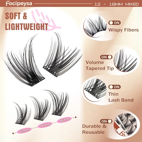 Focipeysa Wispy Lash Clusters - 12-16mm Natural Eyelash Extensions