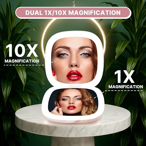 Lighted Makeup Compact Mirror, 3.9 Inch ? 1x/10x Magnification Portable, LED ? Auto Light On/Off - USB Charging, (Blush Marble)