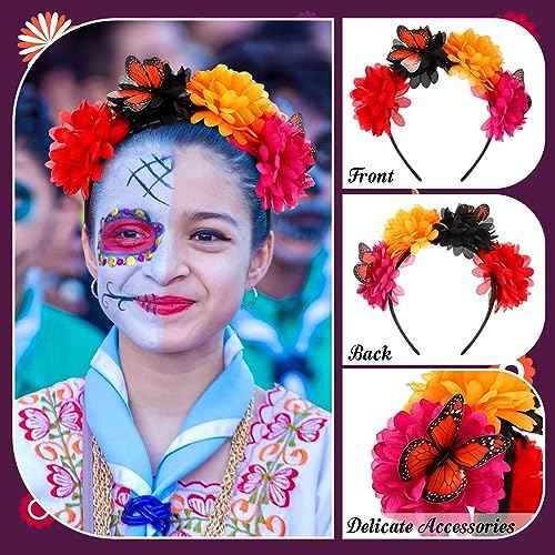 Hotop 10 Pcs Day of the Dead Flower Crown Headband Mexican Headband with Monarch Butterfly for Fiesta Hat Party Supplies