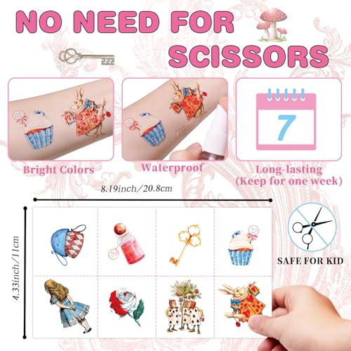 96pcs Alice in Wonderland Temporary Tattoos Sticker Sheets