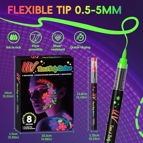 8-Color UV Neon Body Paint Pen Set - Luminous Face Tattoo Marker Kit