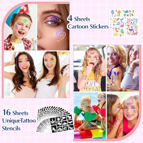 Temporary Glitter Tattoo Kit for Kids - 220 Stencils, 36 Colors