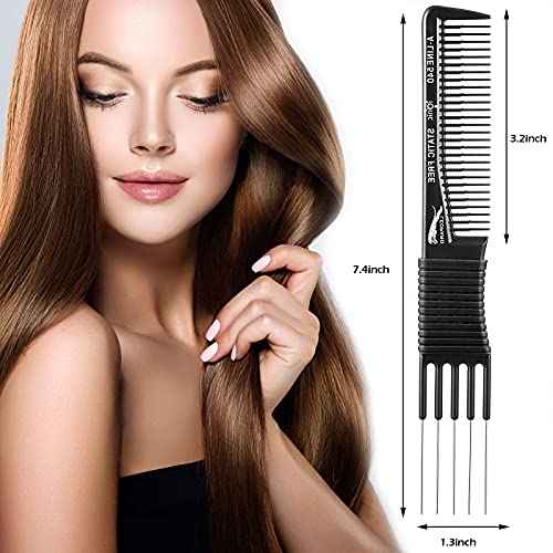 Patelai 4 Pcs Carbon Lift Teasing Comb with Metal Prong Lift Teasing Comb and Hair Pick Salon Fluffing with 5 Stainless Steel Pins for Women Hair(Black)