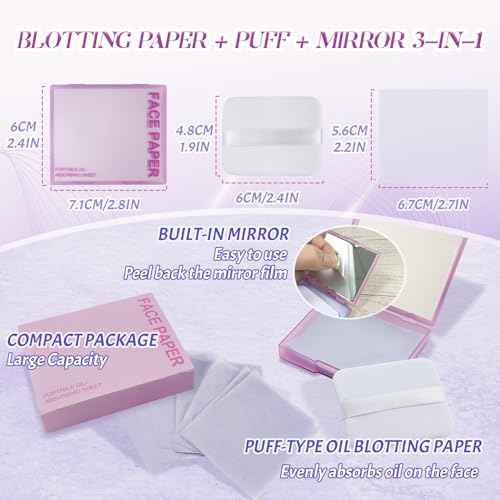 BOROLA 3-in-1 Oil Blotting Paper Set for Face 100 Sheets Oil Absorbing Sheets with Portable Mirror & Adhesive Makeup Puff, Blotting Papers for Oily Skin, Design for Men & Women(Purple)
