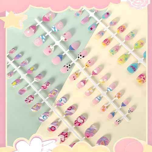 6 Packs Press-On Fake Nails for Kids - Gorvalin 144pcs Full Cover Glue On Nails for Kids French Flower Patterns for Girls Ages 7-12 Nail Art - Includes Nail Adhesive Tabs & Builder Glue