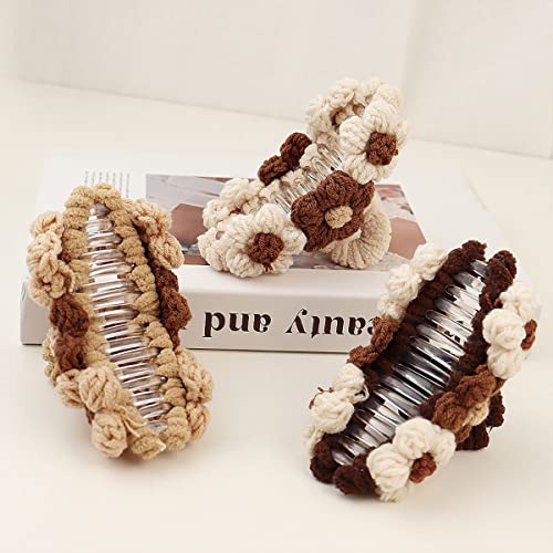 3 Pcs 4.33 Inch Large Hair Claw Clips Braided Fluffy Plush Flower Hair Catch Barrette Jaw Clamp for Women Girls Strong Hold Half Bun Hairpins for Thick Thin Hair Stylish Curly Hair Accessories