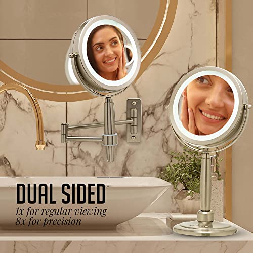 OVENTE 7'' Lighted Makeup Mirror with 1X/8X Magnification, Cordless Multi-Functional Round Vanity Mirror with 360¡Æ Swivel Design, Double Sided and Three Toned LED Lights, Nickel Brushed MFM70BR1X8X