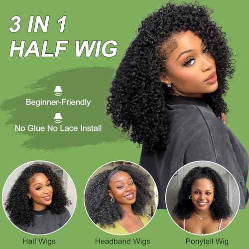 Kinky Curly Half Wig Human Hair 200 Density Wear Go Glueless Wigs Human Hair 3 In 1 Seamless Flip Half Wigs for Women 24 Inch Drawstring Curly Headband Wig Human Hair Beginner Friendly