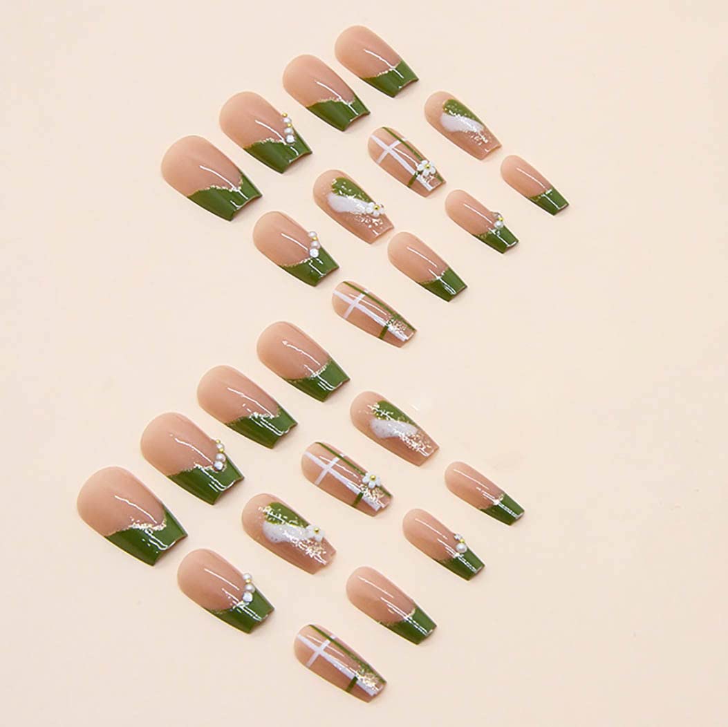 RikView French Tips Nails Medium Press on Nails Coffin Fake Nails Green Nails Glossy Full Cover Nails 24 PCS/Set