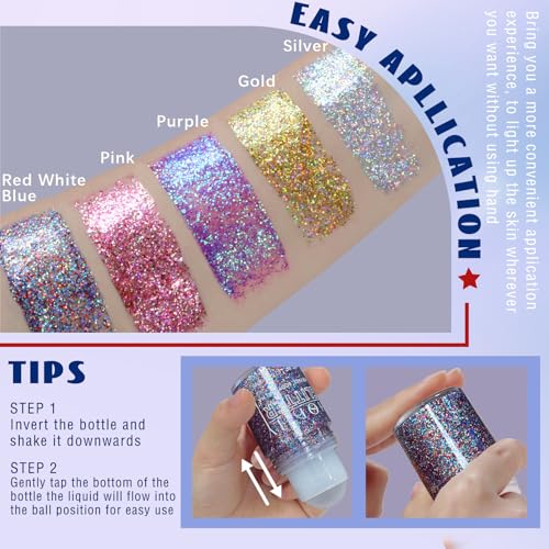 HOSAILY Red White and Blue Roll-On Body Glitter Gel for 4th of July