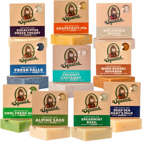 Dr. Squatch Natural Men¡¯s Bar Soap - Cold Process Body Soap Bar with Natural Oils - Gifts for Men - Coconut Castaway, Fresh Falls, Cool Fresh Aloe, Grapefruit IPA & more (5 oz, 10-Pack)