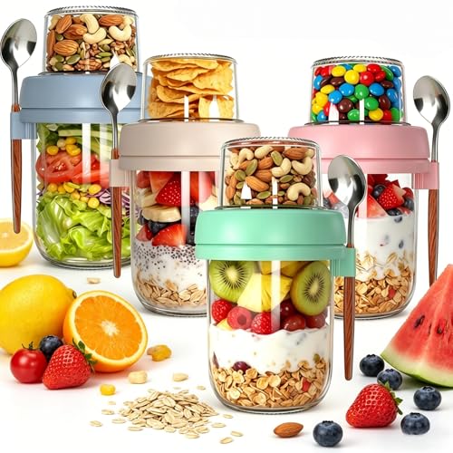 4 Pack Glass Overnight Oats Containers 20oz with Lids & Spoons