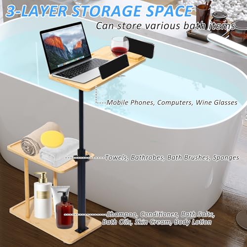 3-Tier Bamboo Bath Tray Table with Adjustable Height & Rotating Shelf