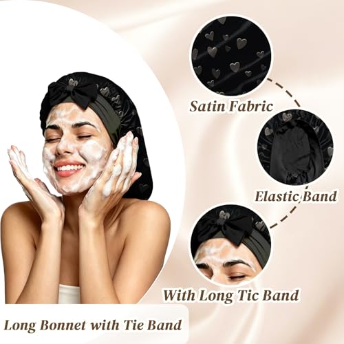 Hearts Satin Hair Bonnet for Women & Girls Reusable Sleep Cap, Adjustable Double Layer Long Hair