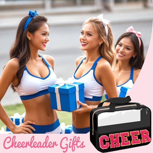 JOJOPOLLO Black Cheer Makeup Bag - Pink Chenille 'CHEER' with Gold Trim, Zipper & Handle, Team Gift