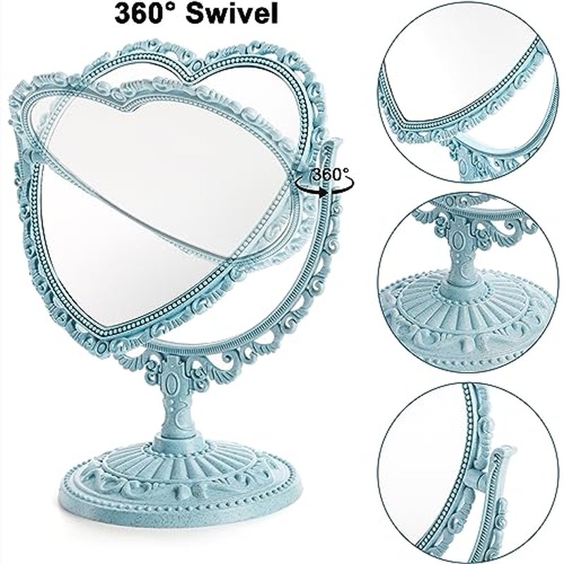 DEAYOU 4 Pack Heart Shaped Cosmetic Mirror, Vintage Vanity Tabletop Mirror with Double Sided, Rotatable Dresser Mirrors with Stand for Makeup, Girl, Women, Beauty, Spa Party, 4 Color