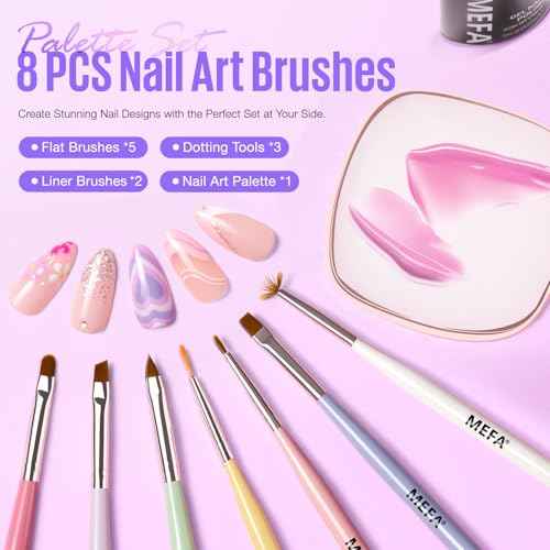 MEFA Nail Art Brushes Set, 8 Pcs Nail Brushes for Nail Art and Nail Art Palette with Polish Brush, Extension Gel Brush, Liner Brush, Carved Brush, Dotting Pen, Builder Brush, Fan Brush for Home Salon