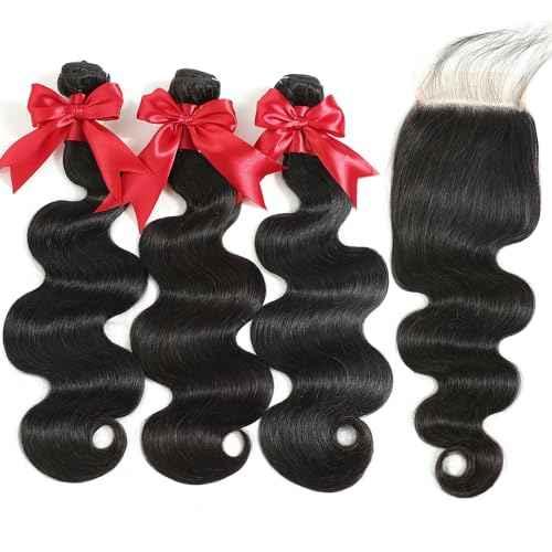 12A Human Hair Bundles with Closure 16 18 20 with 14 Inch Brazilian Body Wave 3 Bundles Human Hair with 4x4 HD Lace Closure 100% Unprocessed Virgin Human Hair Weave